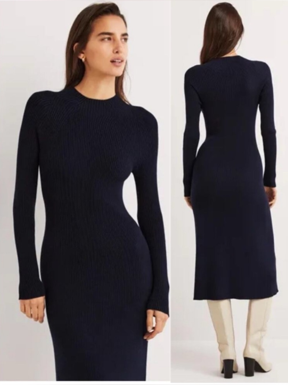 Boden Ribbed Cotton Knit Mock Neck Dress Navy